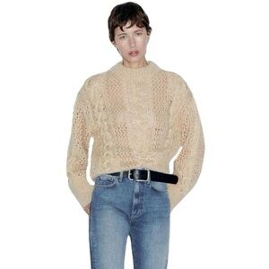 Zara Wool Blend Metallic Gold Cable Knit Sweater